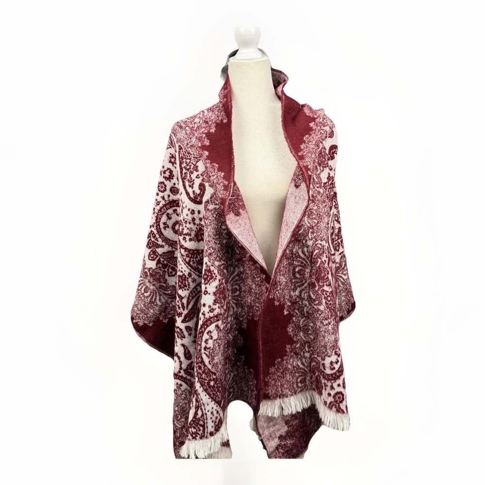 Wool Blend Paisley Wrap Shawl Scarf Preppy Cozy Maroon Burgundy - Picture 2 of 11